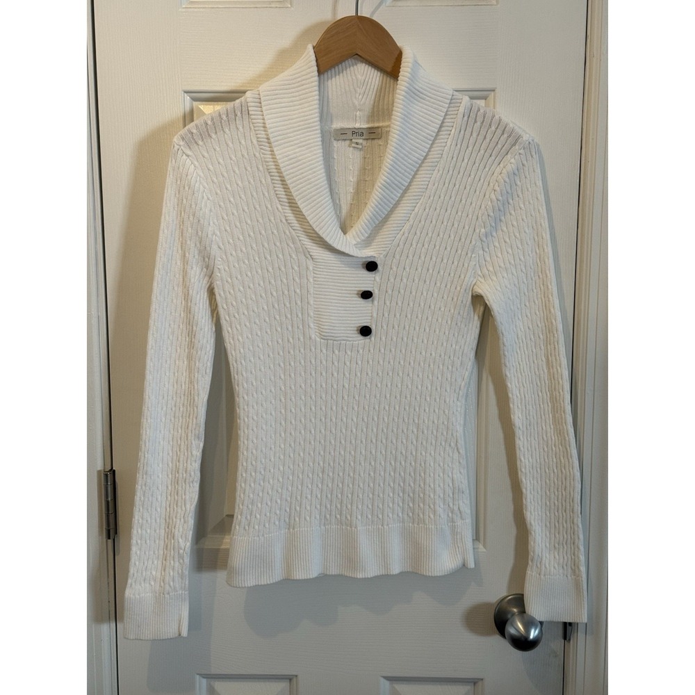 Vintage Pria White‎ Cable Knit Sweater Women's Size Small Preppy Classic